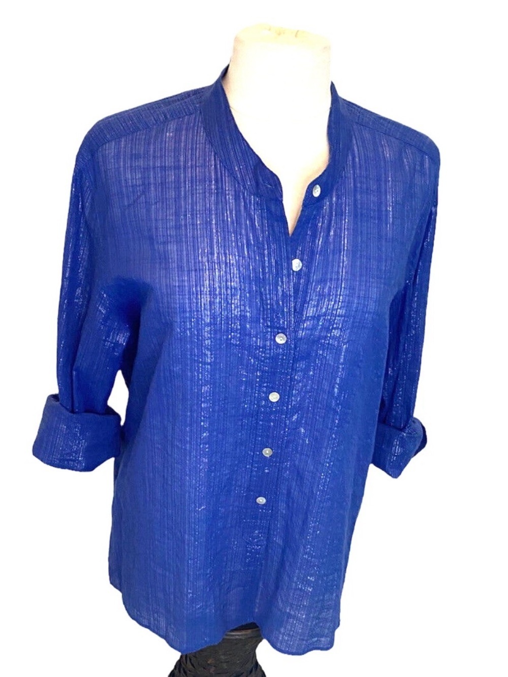 Chico's size 3 XL 16 Blue Shimmer Sheer Button up Top Blouse Roll Tab Sleeves